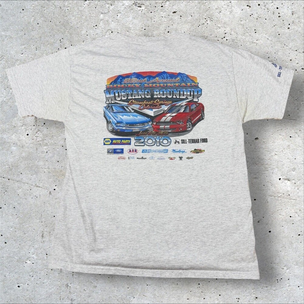 2010 Ford Mustang Rocky Mountain Roundup Car Show Promo T-Shirt L Y2K